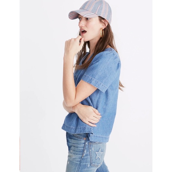 Madewell Denim Popover Swing Puff Sleeve Top Size M Blue Cotton Linen Blend - Picture 15 of 15